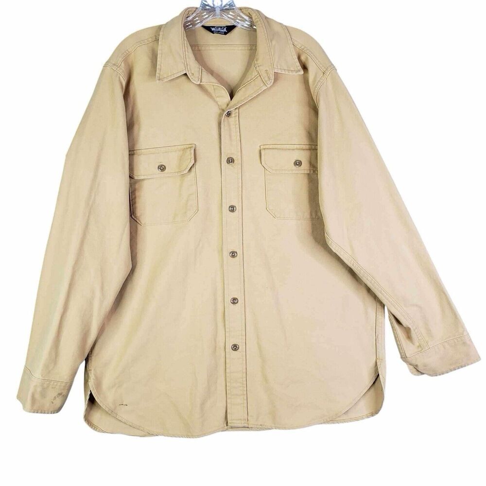 Woolrich Shirt Mens Size Large Long Sleeve Button Down Vintage Canvas Tan - Picture 2 of 11